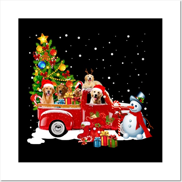 Retriever Dog Christmas On Red Car Truck with Xmas T-Shirt Wall Art by kimmygoderteart